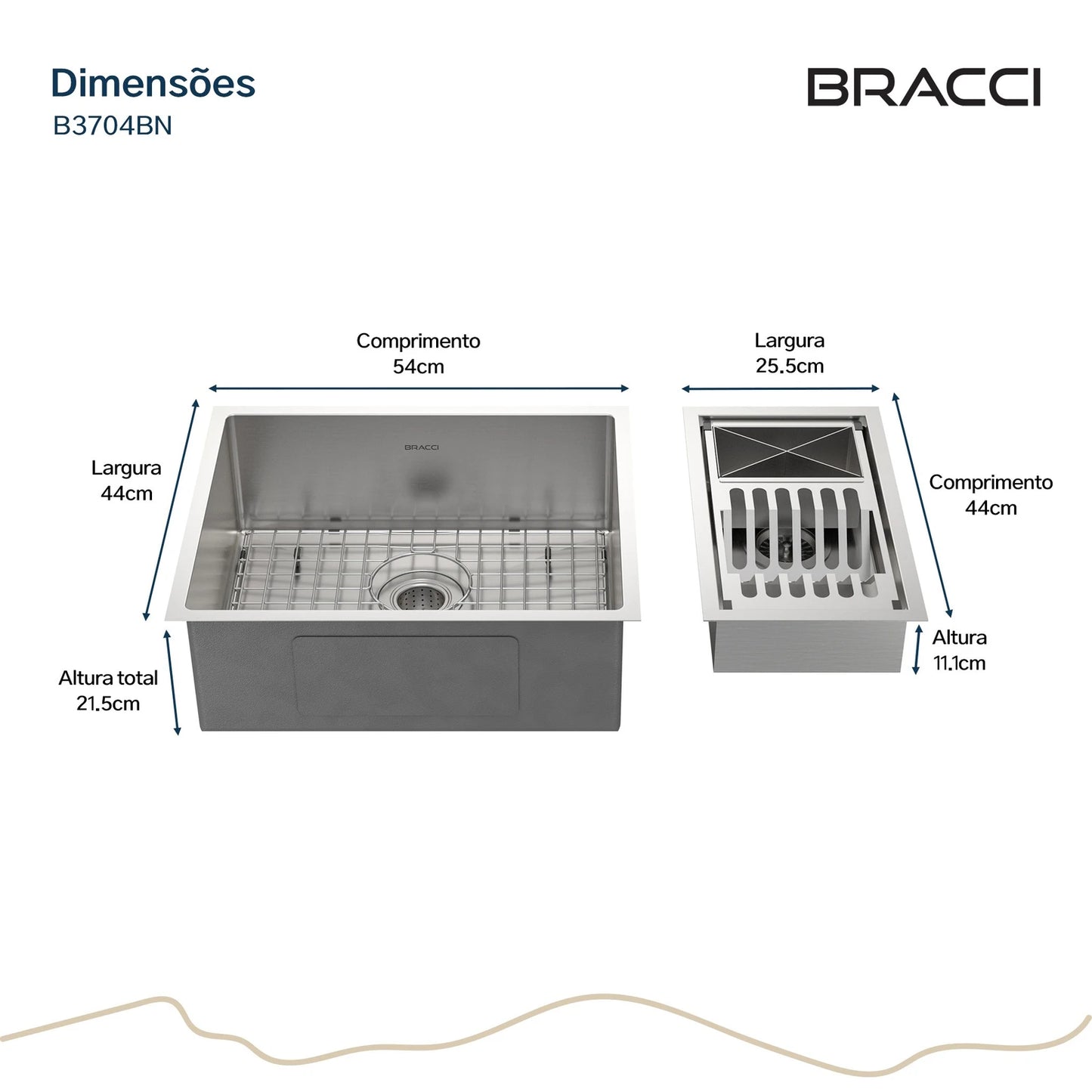 KIT CUBA DE COZINHA 54 CM + CALHA ORGANIZADORA AÇO ESCOVADO