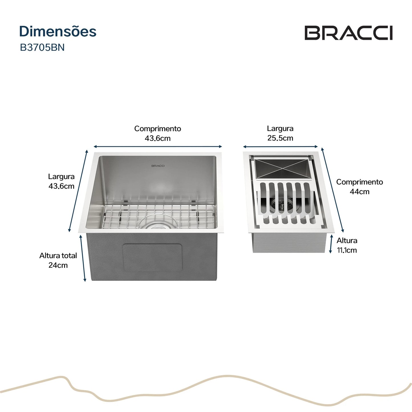 KIT CUBA DE COZINHA 43 CM + CALHA ORGANIZADORA AÇO ESCOVADO