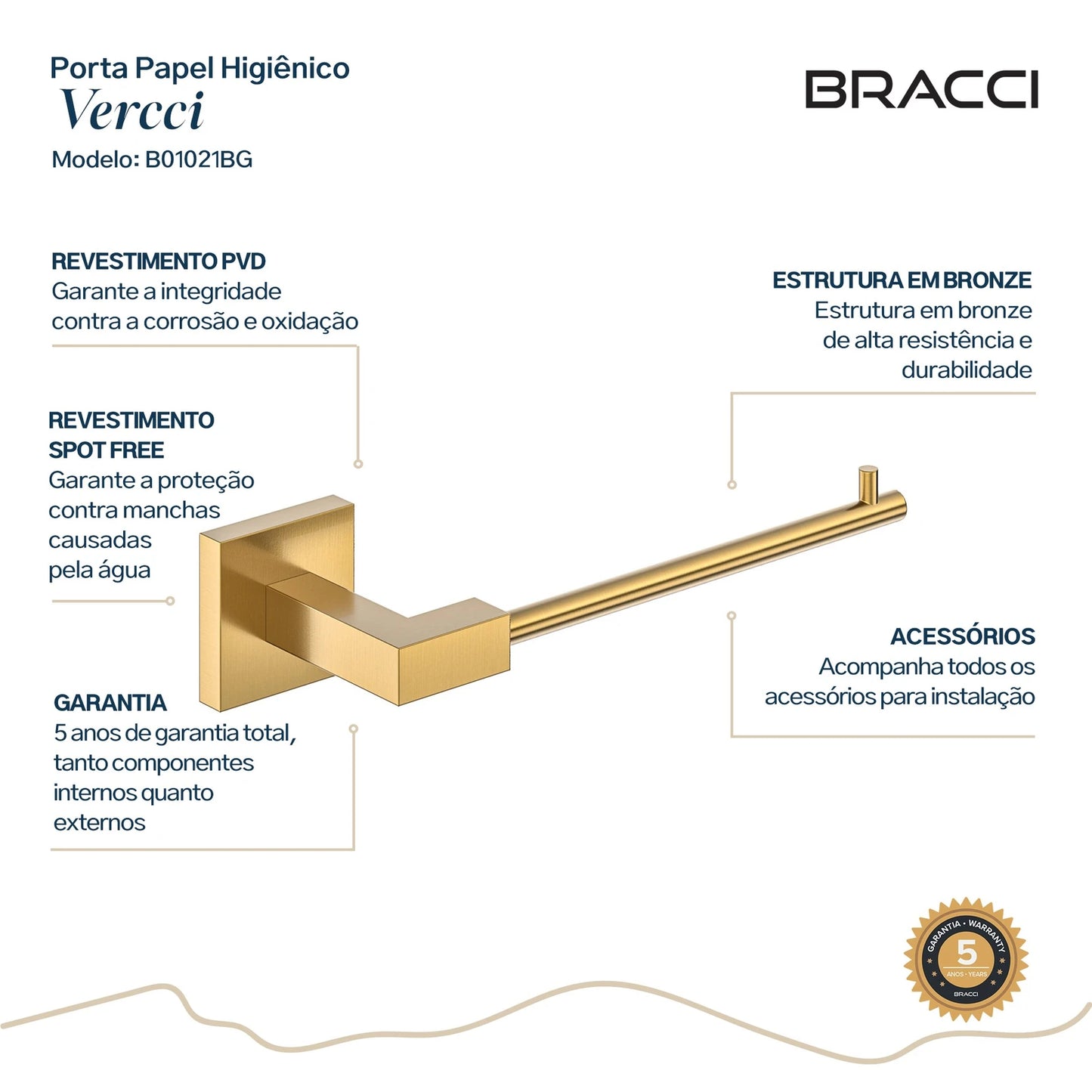 PORTA PAPEL HIGIÊNICO DOURADO ESCOVADO VERCCI