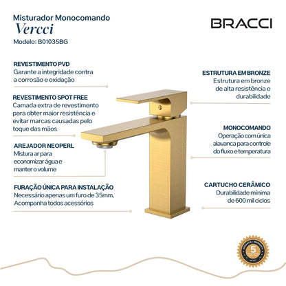 TORNEIRA MONOCOMANDO Q/F VERCCI SLIM BAIXO DOURADO ESCOVADO