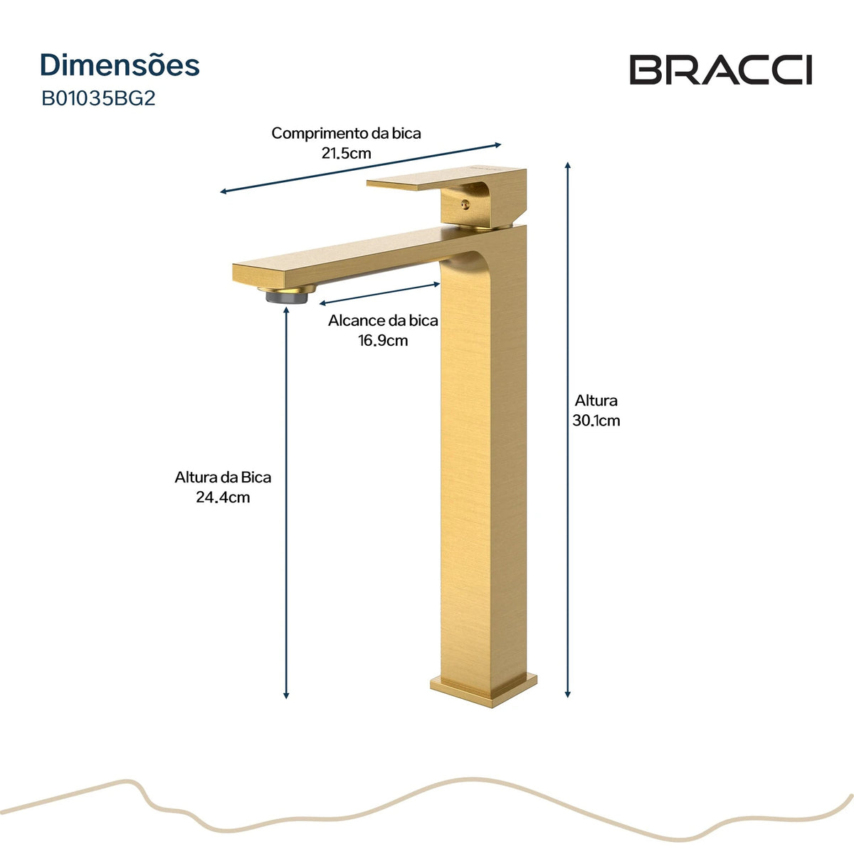 TORNEIRA MONOCOMANDO Q/F VENZA SLIM ALTO DOURADO ESCOVADO