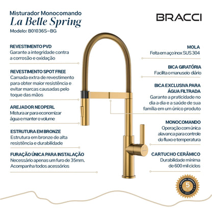 TORNEIRA MONOCOMANDO Q/F LA BELLE SPRING DOURADO ESCOVADO