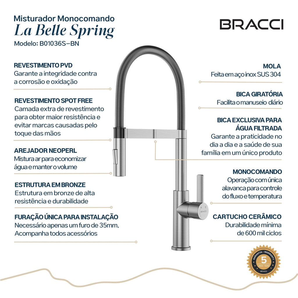TORNEIRA MONOCOMANDO Q/F LA BELLE SPRING AÇO ESCOVADO