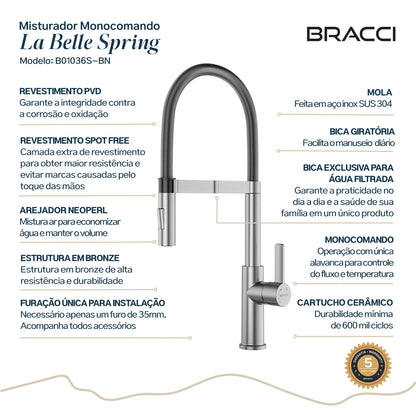 TORNEIRA MONOCOMANDO Q/F LA BELLE SPRING AÇO ESCOVADO