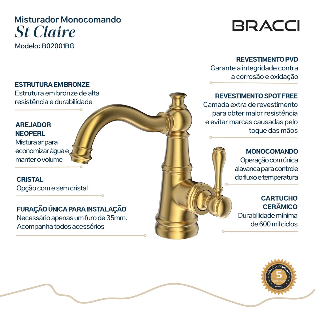 TORNEIRA MONOCOMANDO Q/F ST CLAIRE DOURADO ESCOVADO