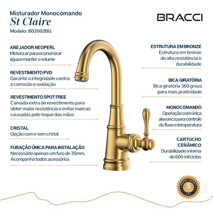 TORNEIRA MONOCOMANDO Q/F ST CLAIRE DOURADO ESCOVADO