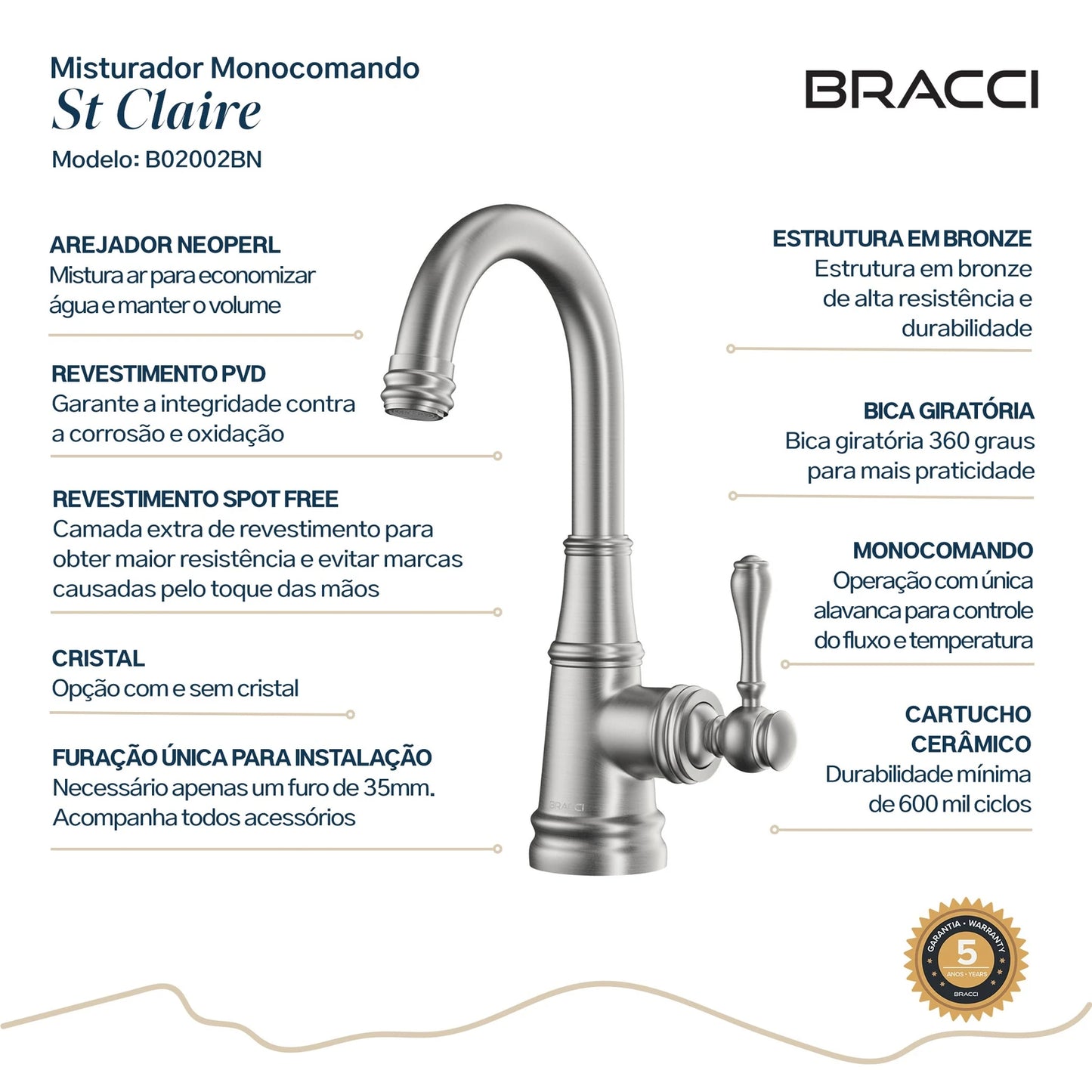 TORNEIRA MONOCOMANDO Q/F ST CLAIRE AÇO ESCOVADO