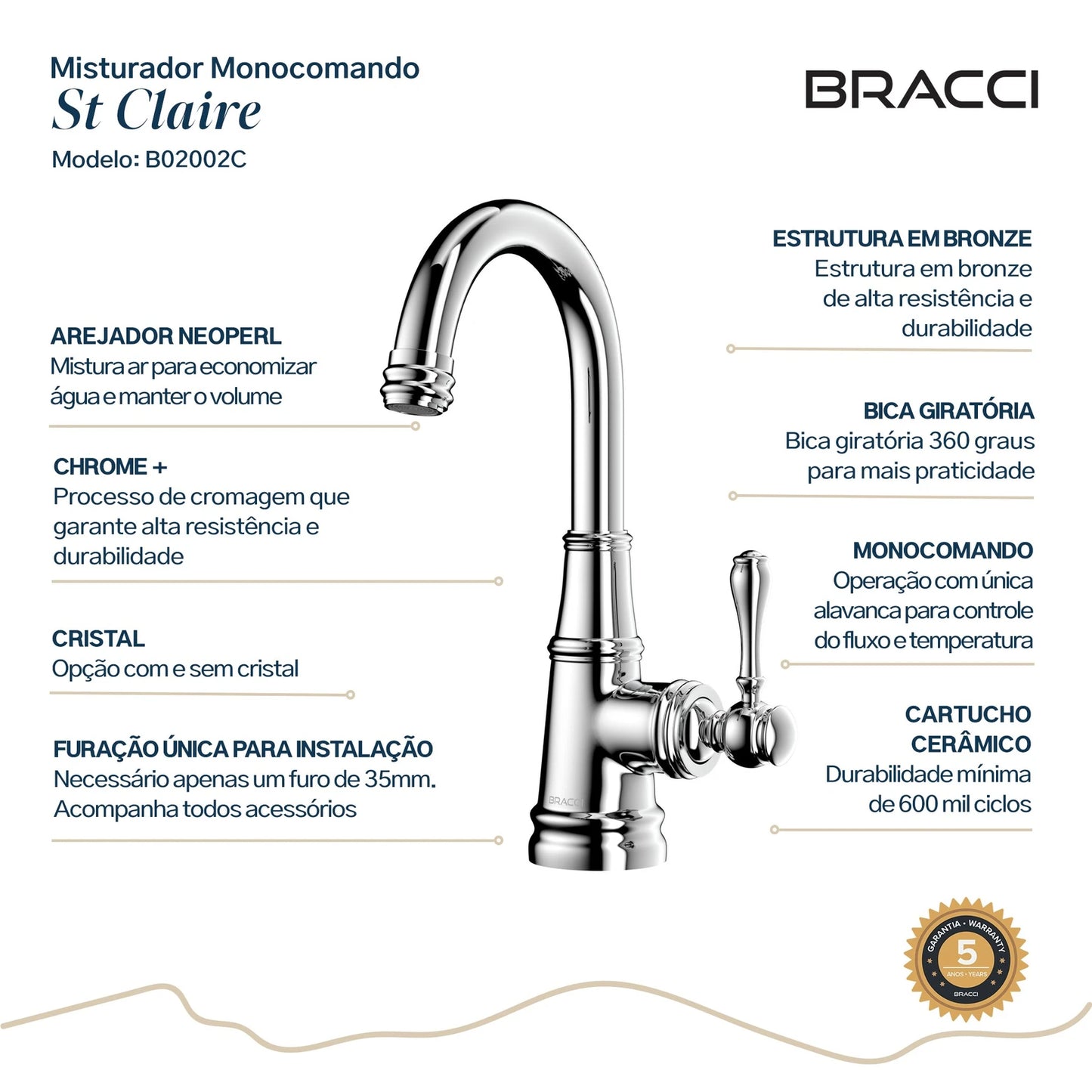 TORNEIRA MONOCOMANDO Q/F ST CLAIRE CROMADO