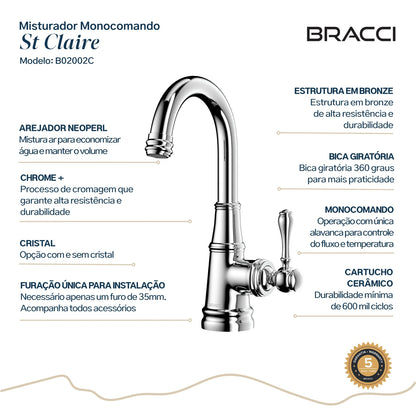 TORNEIRA MONOCOMANDO Q/F ST CLAIRE CROMADO