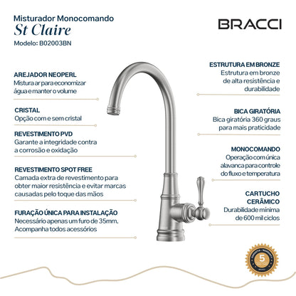 TORNEIRA MONOCOMANDO Q/F ST CLAIRE AÇO ESCOVADO