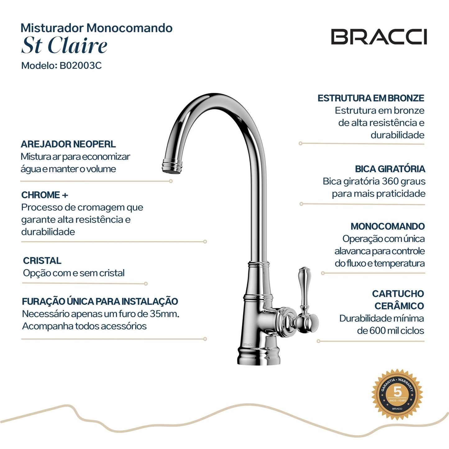 TORNEIRA MONOCOMANDO Q/F ST CLAIRE CROMADO