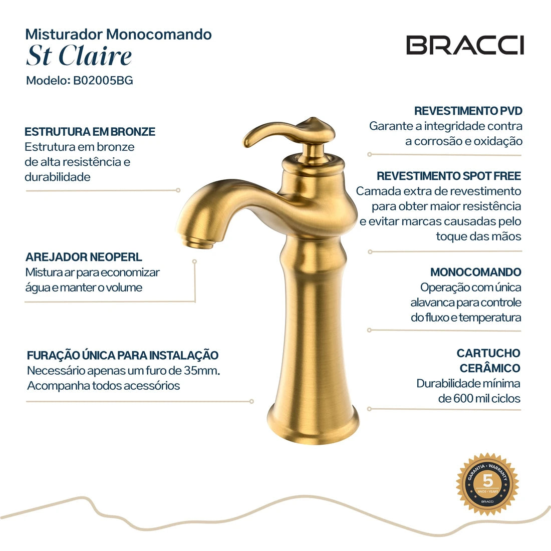 TORNEIRA MONOCOMANDO Q/F ST CLAIRE DOURADO ESCOVADO