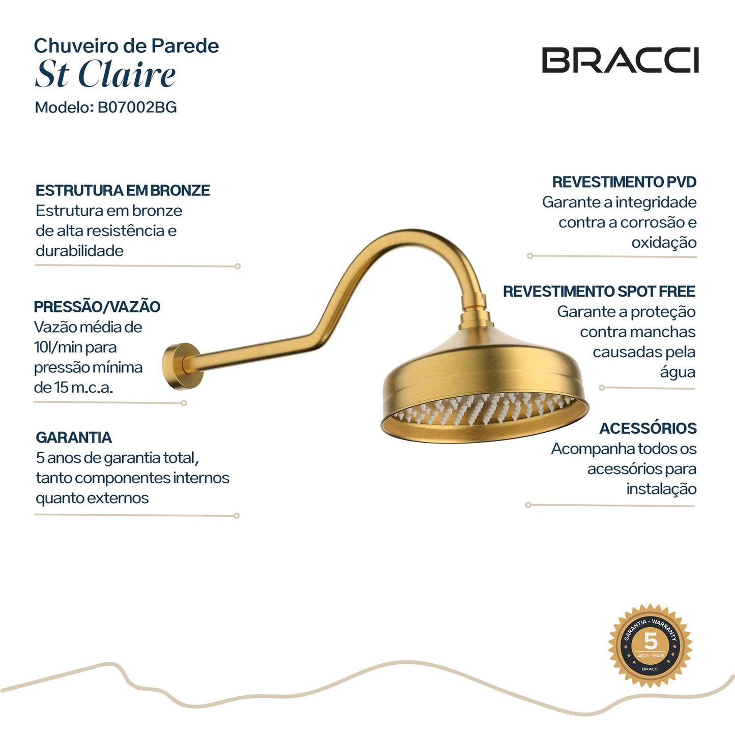 CHUVEIRO DE PAREDE DOURADO ESCOVADO