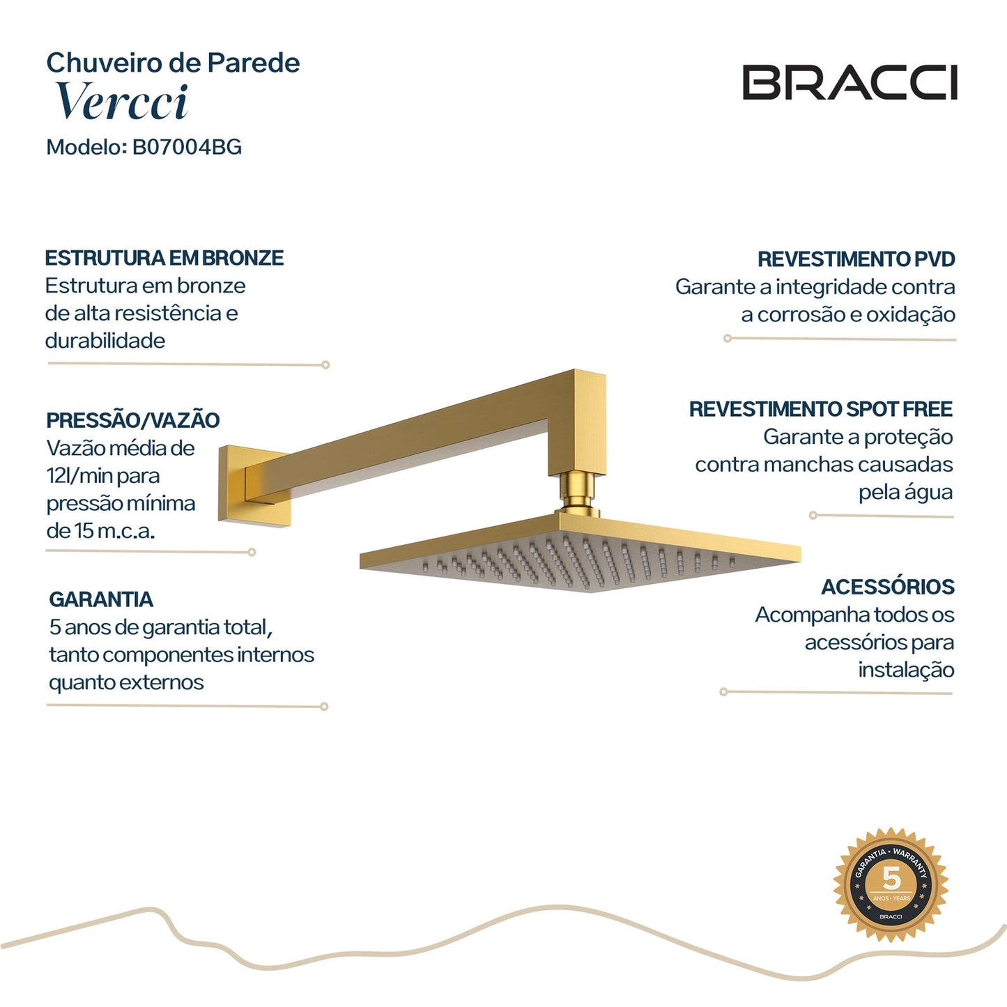 CHUVEIRO DE PAREDE DOURADO ESCOVADO