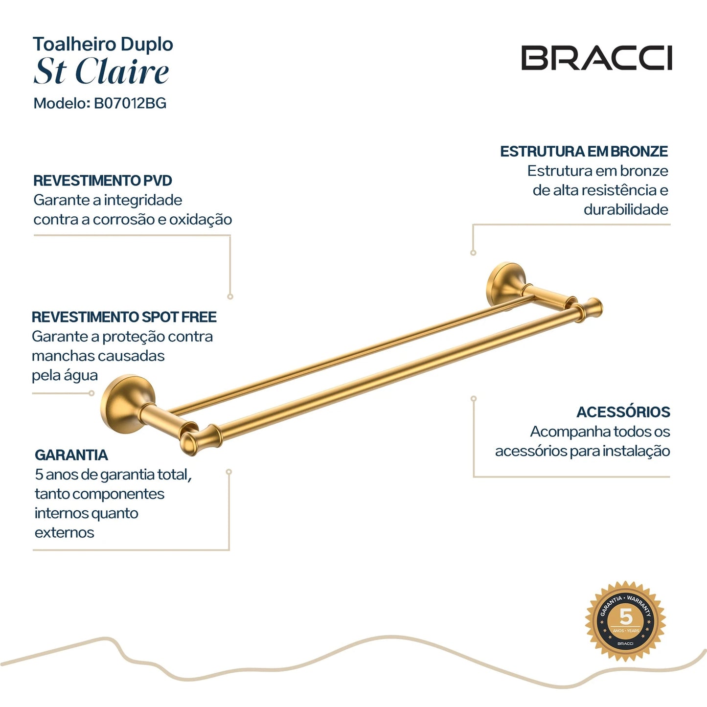 TOALHEIRO DUPLO ST CLAIRE DOURADO ESCOVADO