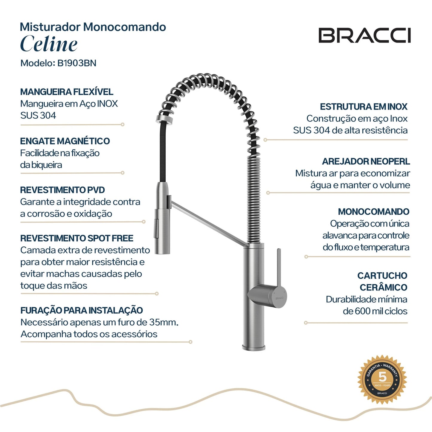 TORNEIRA MONOCOMANDO Q/F CELINE AÇO ESCOVADO