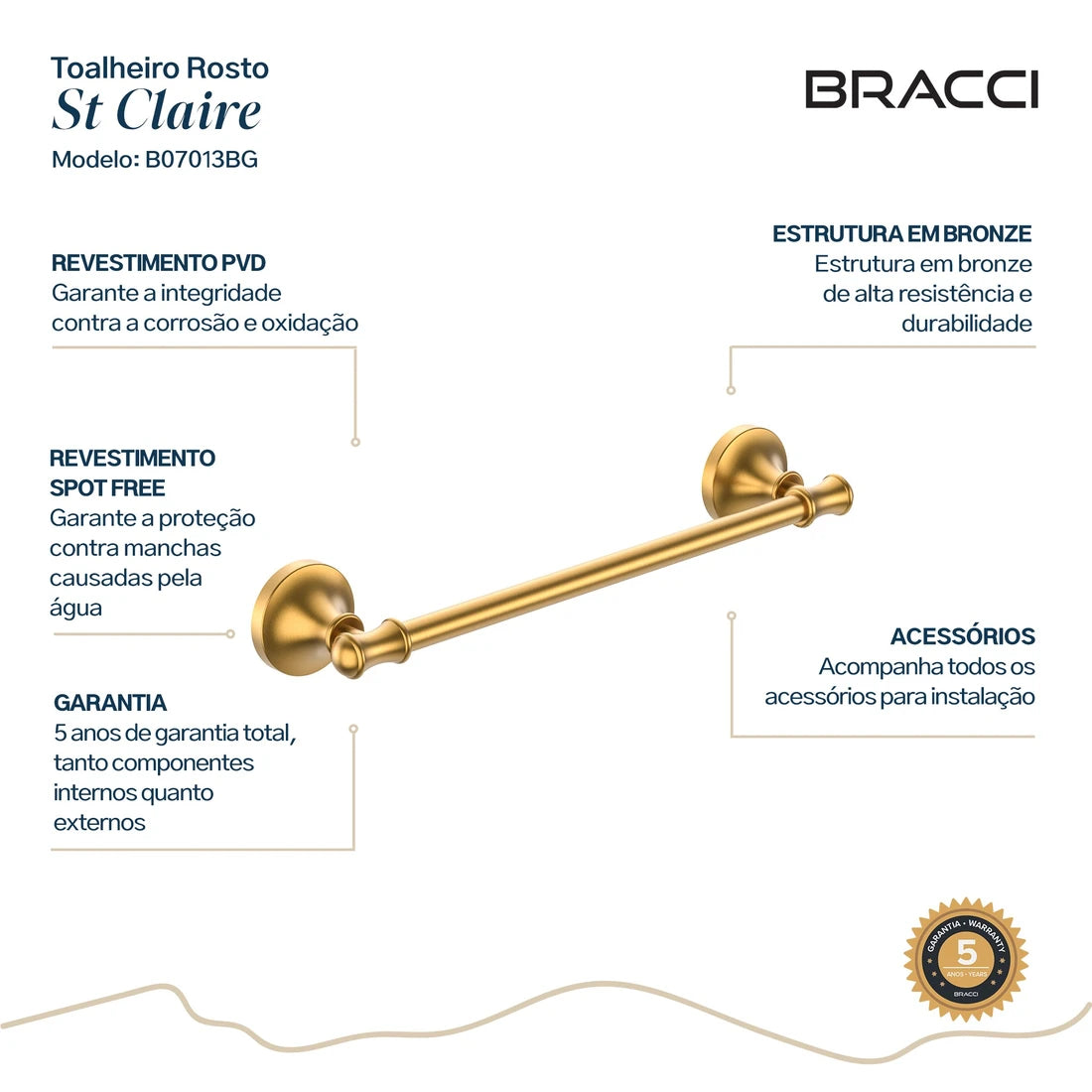 TOALHEIRO ROSTO ST CLAIRE DOURADO ESCOVADO