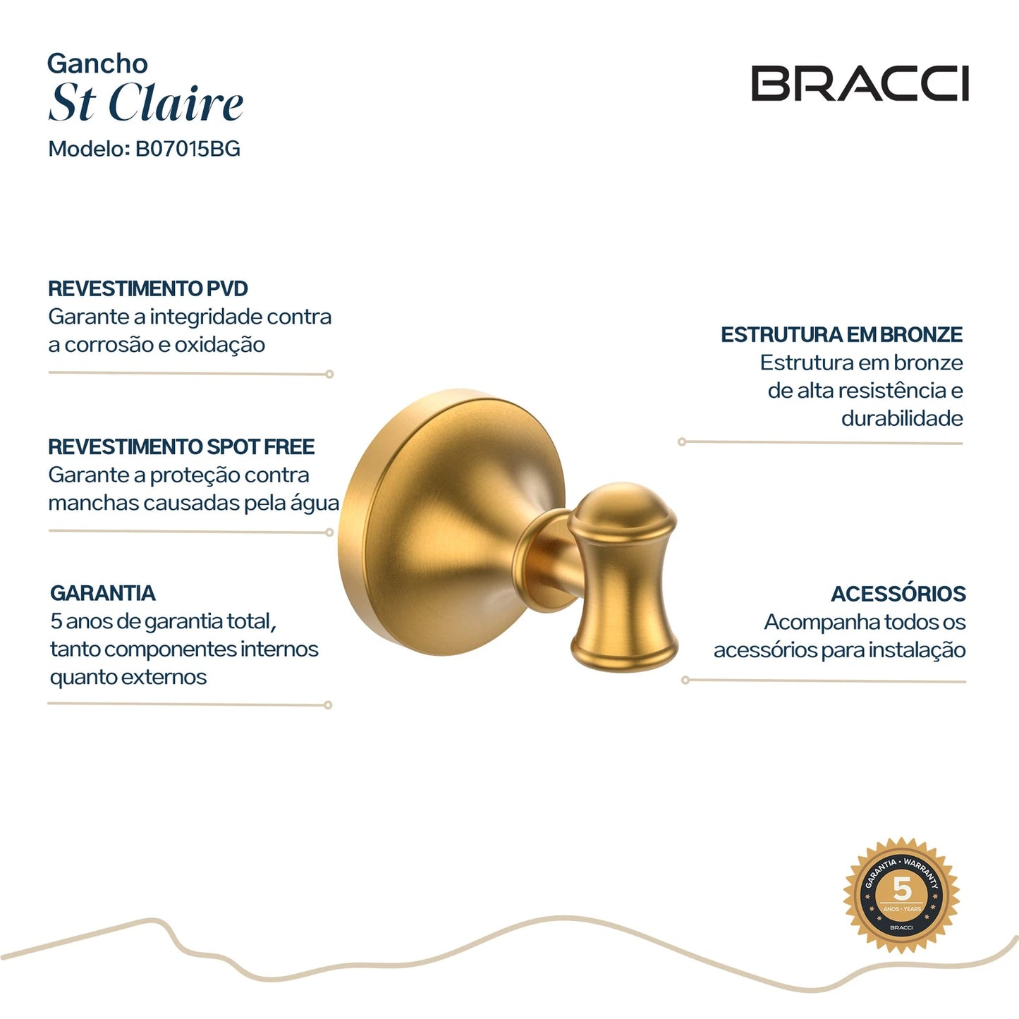 GANCHO SIMPLES ST CLAIRE DOURADO ESCOVADO