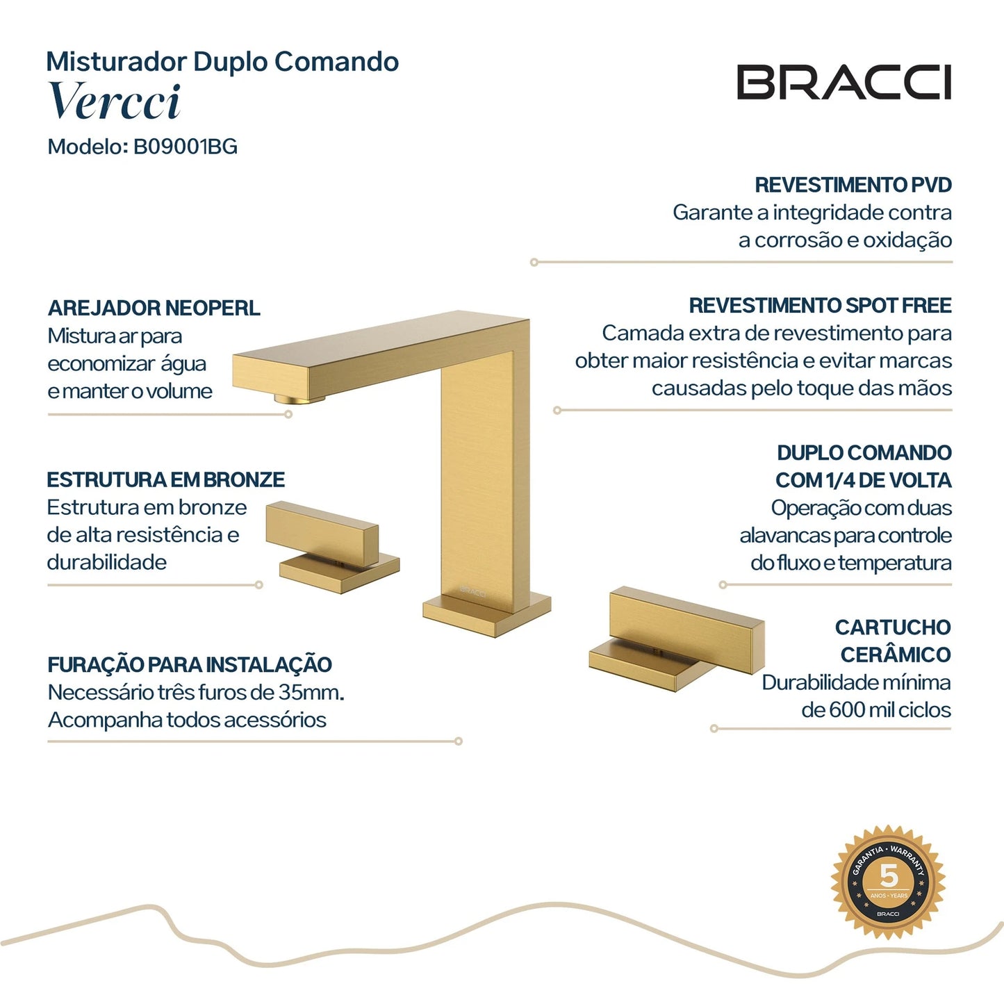 TORNEIRA DUPLO COMANDO Q/F VERCCI DOURADO ESCOVADO