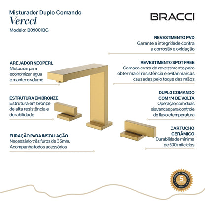 TORNEIRA DUPLO COMANDO Q/F VERCCI DOURADO ESCOVADO