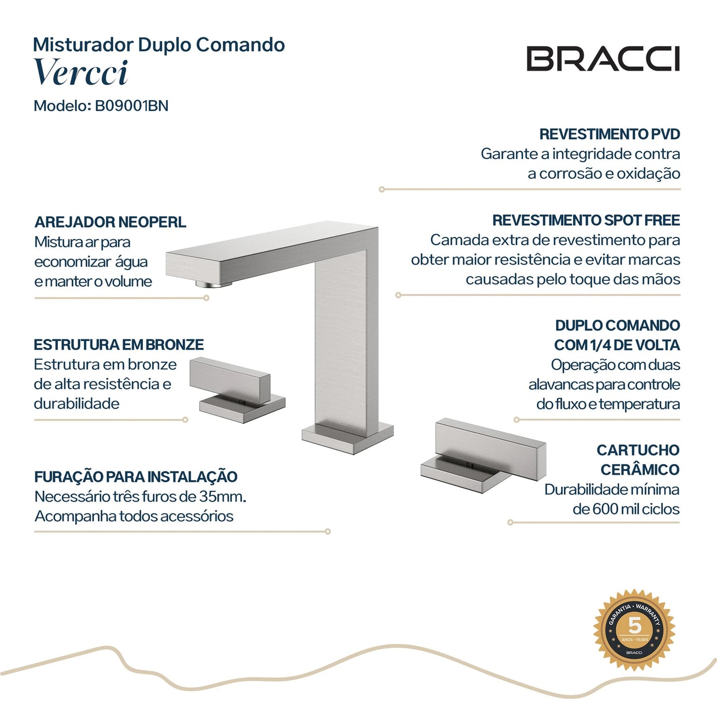 TORNEIRA DUPLO COMANDO Q/F VERCCI AÇO ESCOVADO