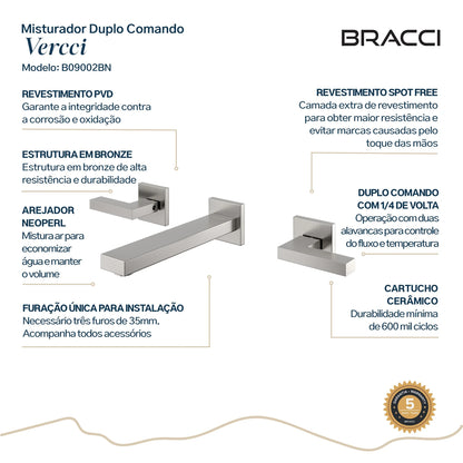 TORNEIRA DUPLO COMANDO DE PAREDE Q/F VERCCI AÇO ESCOVADO