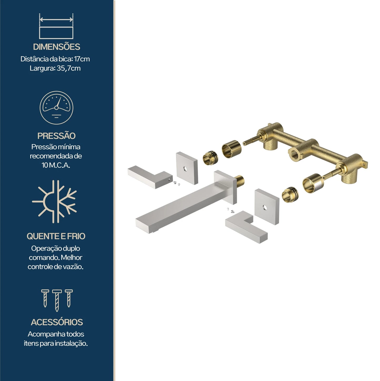 TORNEIRA DUPLO COMANDO DE PAREDE Q/F VERCCI AÇO ESCOVADO