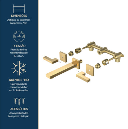 TORNEIRA DUPLO COMANDO  DE PAREDE Q/F VERCCI DOURADO