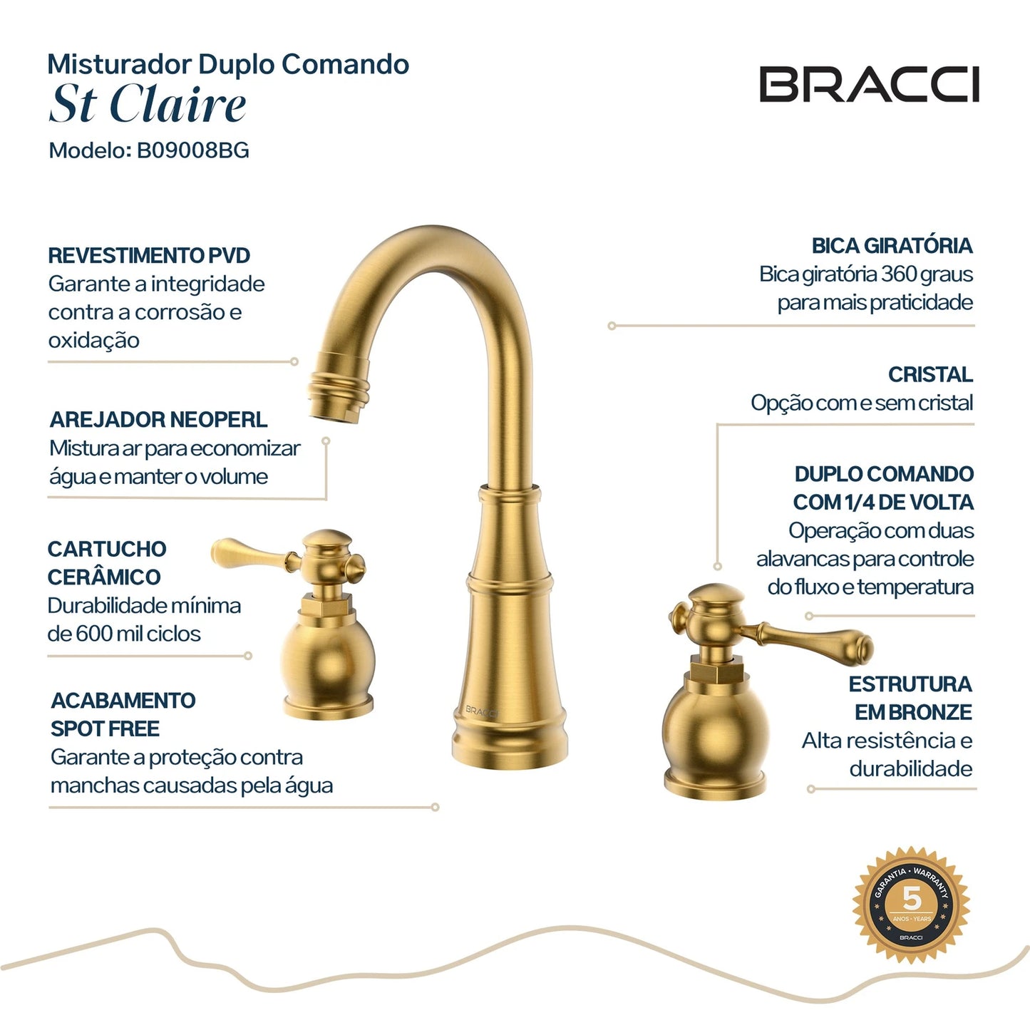 TORNEIRA DUPLO COMANDO Q/F ST CLAIRE DOURADO ESCOVADO