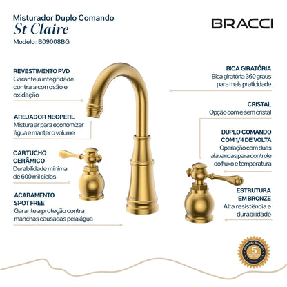 TORNEIRA DUPLO COMANDO Q/F ST CLAIRE DOURADO ESCOVADO