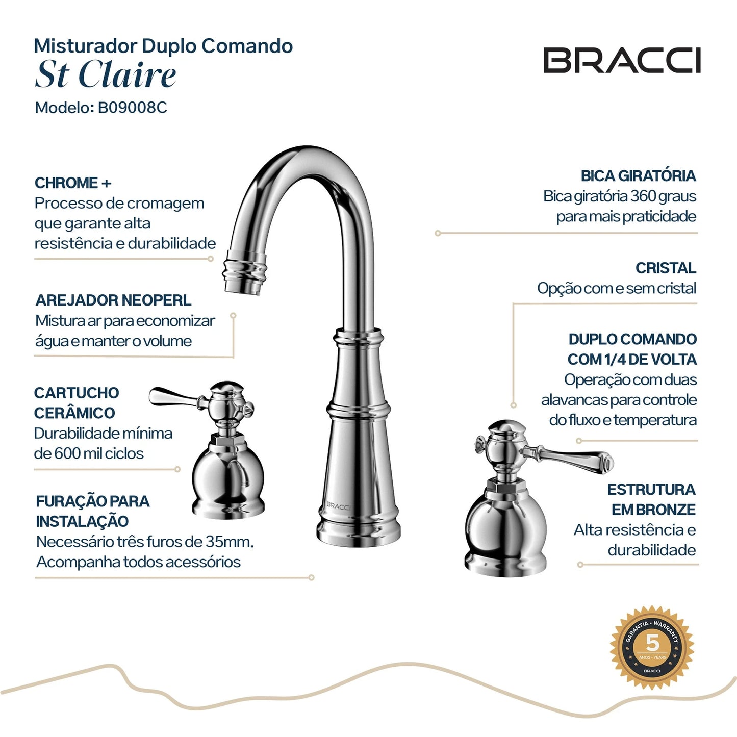 TORNEIRA DUPLO COMANDO Q/F ST CLAIRE CROMADO