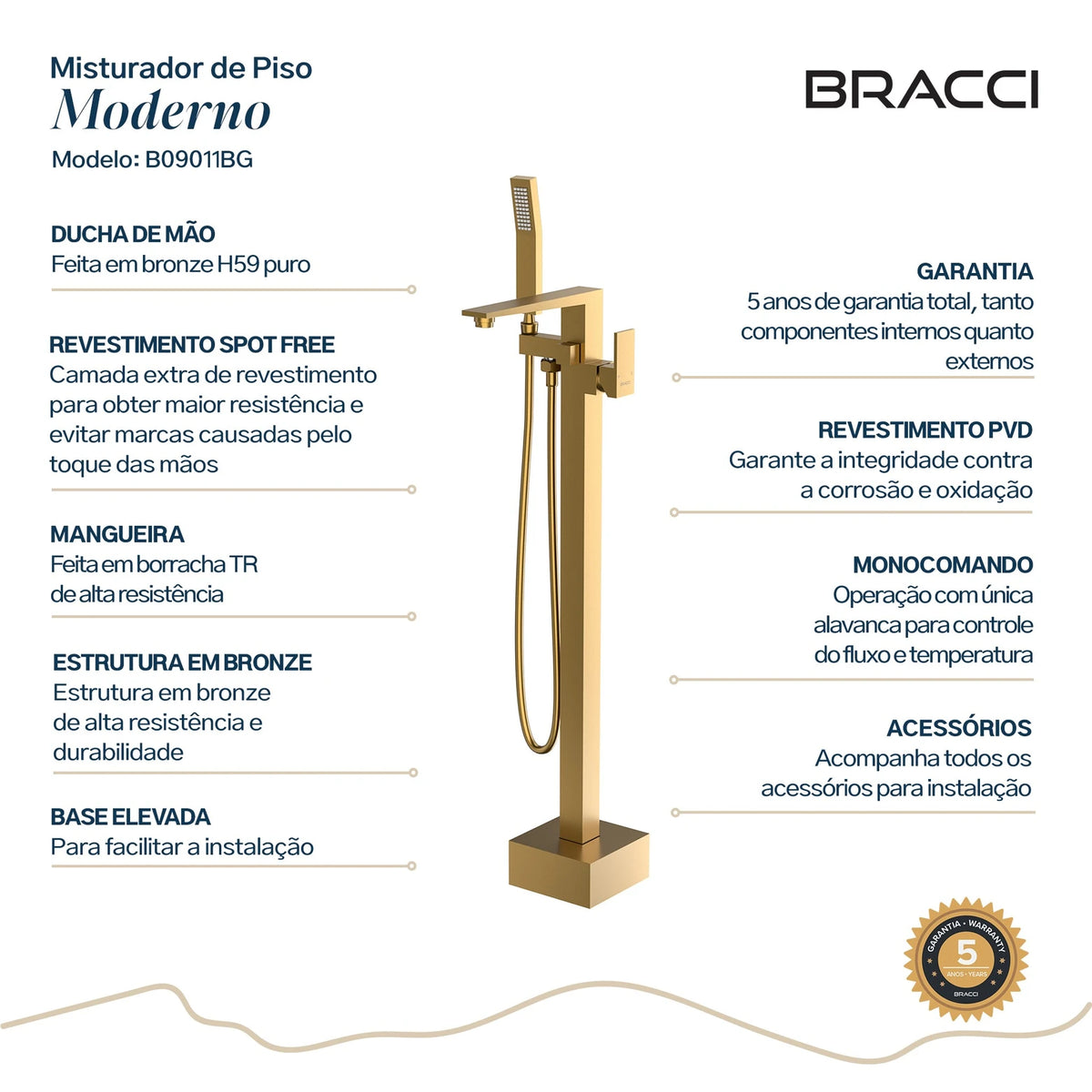 TORNEIRA MONOCOMANDO Q/F PARA BANHEIRAS DOURADO ESCOVADO