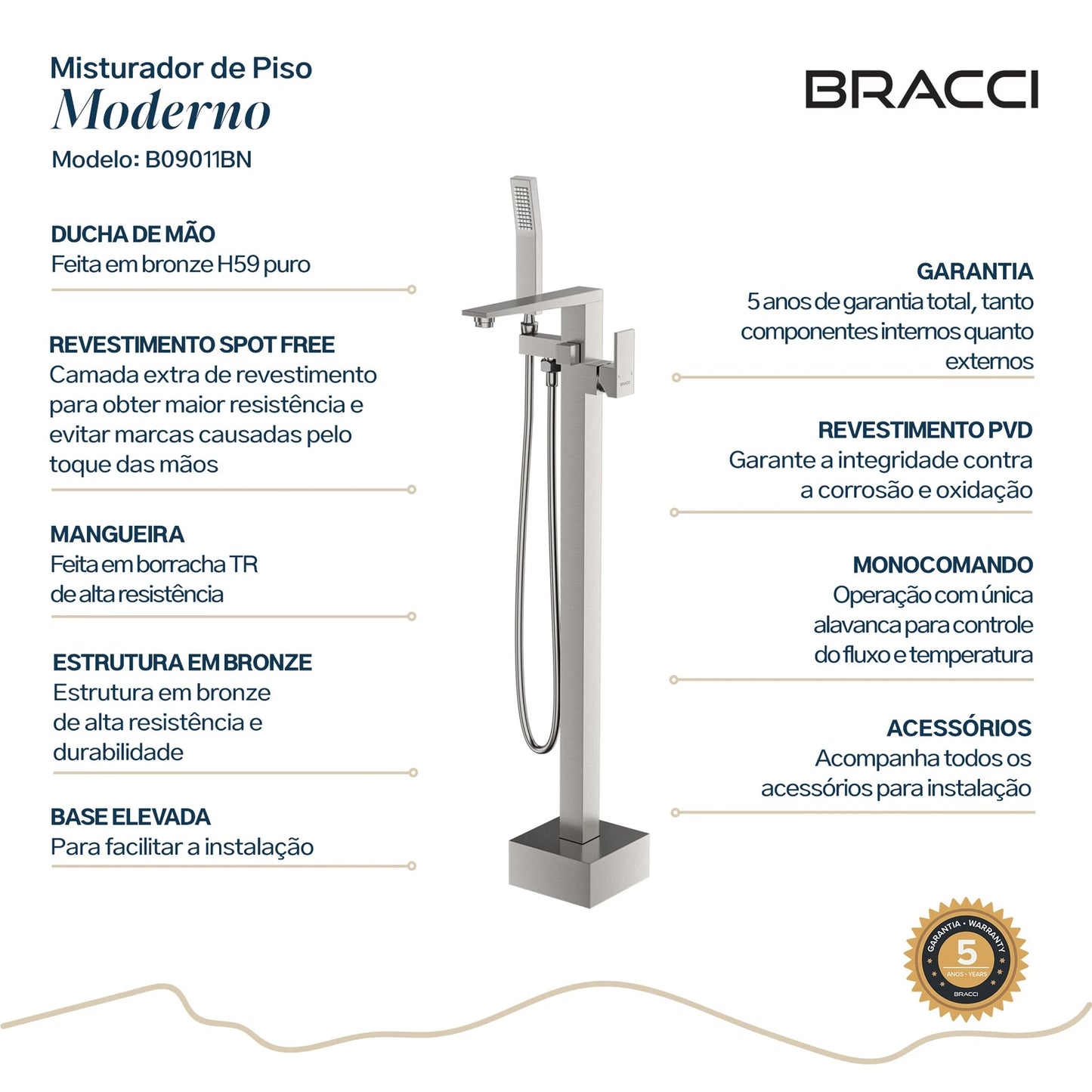 TORNEIRA MONOCOMANDO Q/F PARA BANHEIRAS AÇO ESCOVADO