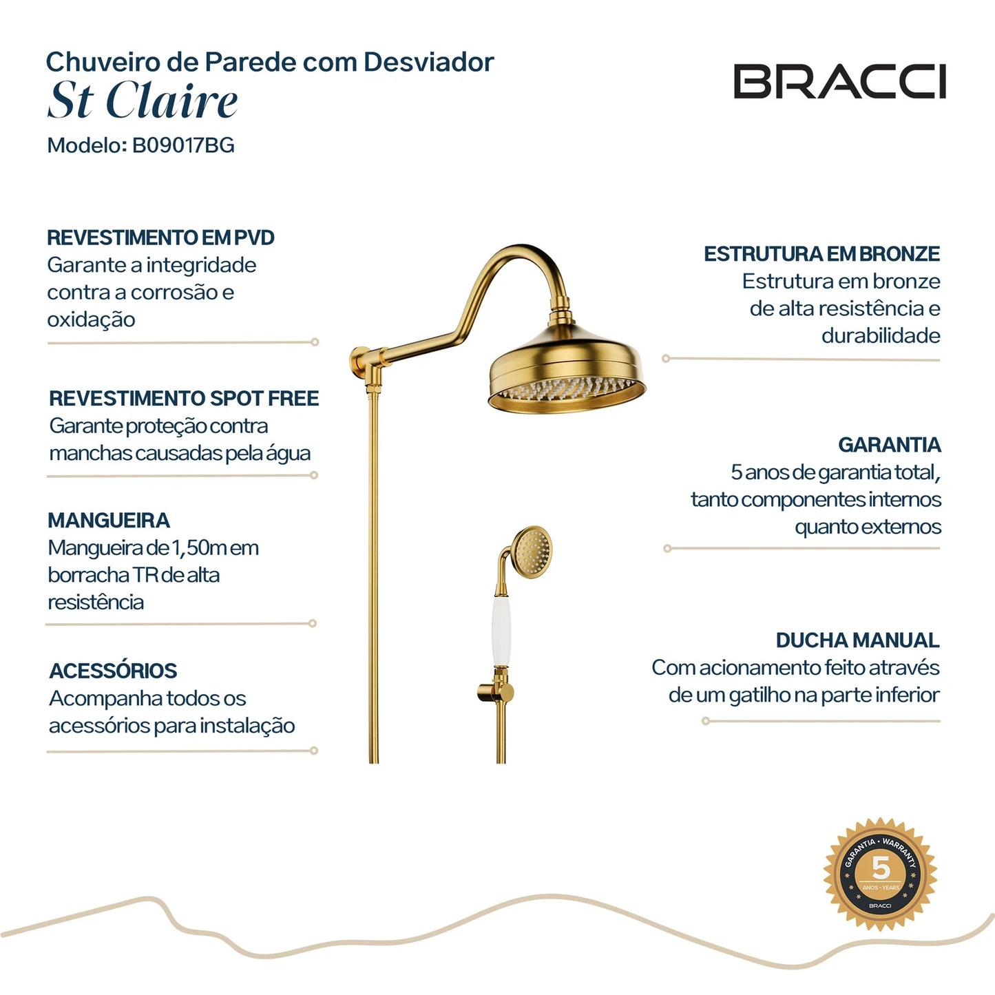 CHUVEIRO COM DESVIADOR DOURADO ESCOVADO ST CLAIRE