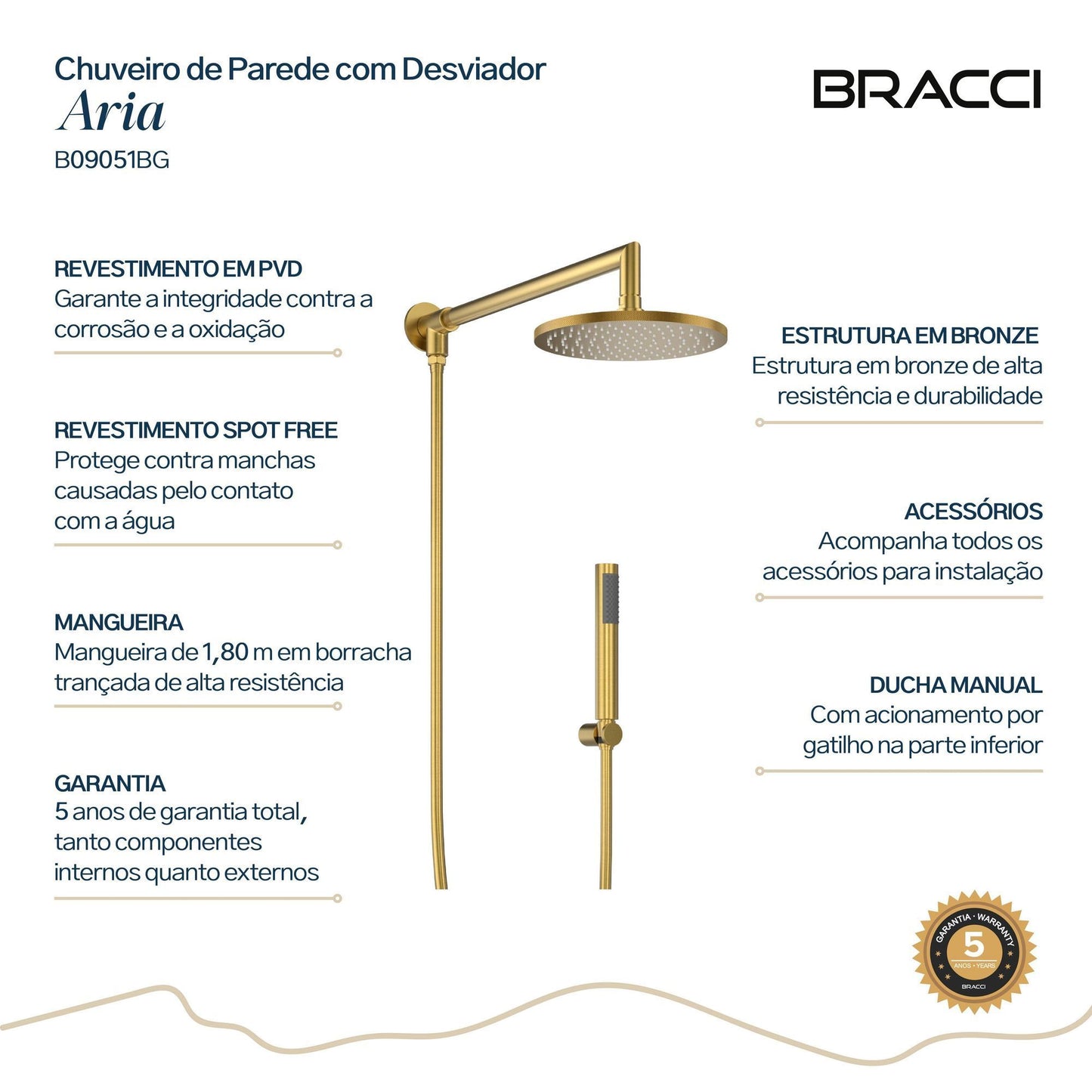 CHUVEIRO PAREDE COM DESVIADOR ARIA DOURADO ESCOVADO