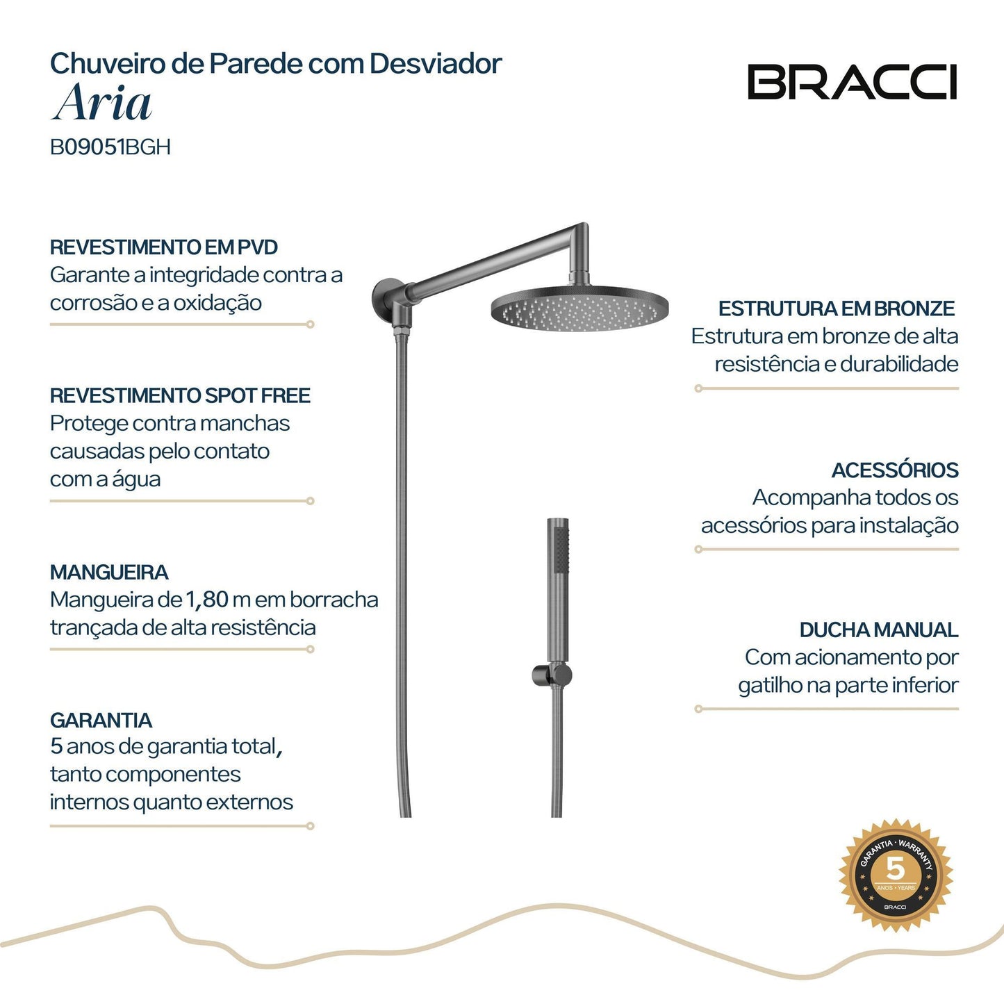CHUVEIRO PAREDE COM DESVIADOR ARIA GRAFITE ESCOVADO