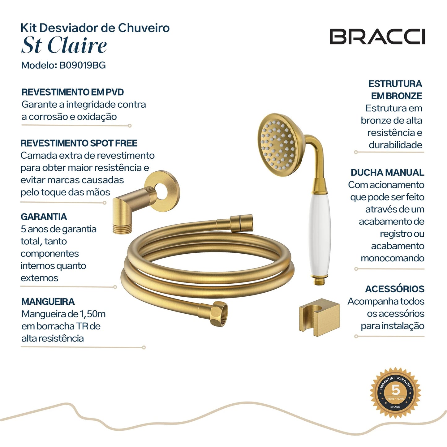 KIT DESVIADOR CHUVEIRO DE TETO CLÁSSICO DOURADO ESCOVADO