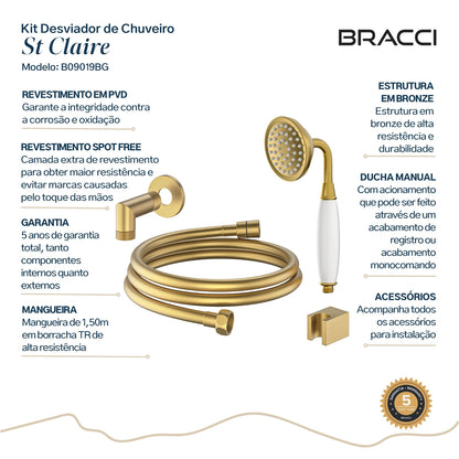 KIT DESVIADOR CHUVEIRO DE TETO CLÁSSICO DOURADO ESCOVADO