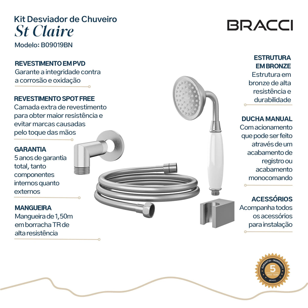KIT DESVIADOR CHUVEIRO DE TETO CLÁSSICO AÇO ESCOVADO