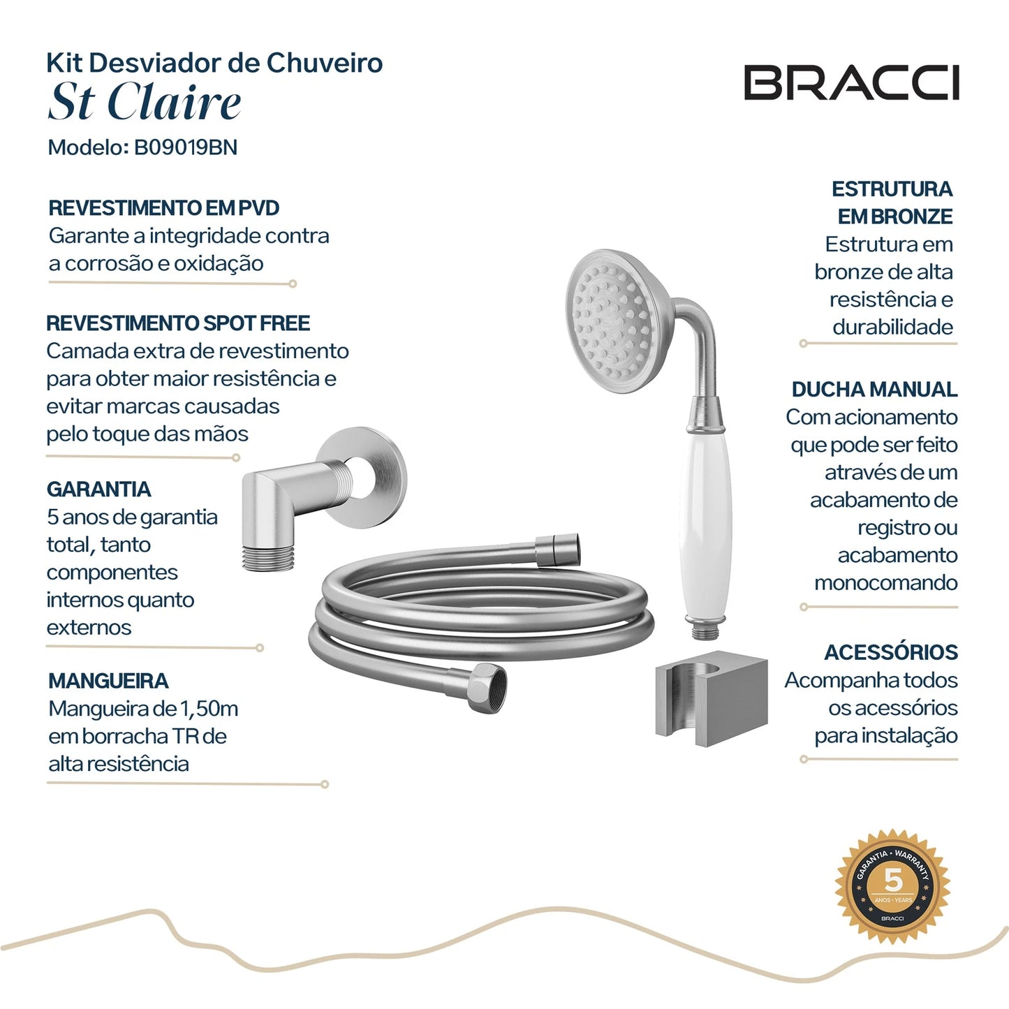 KIT DESVIADOR CHUVEIRO DE TETO CLÁSSICO AÇO ESCOVADO