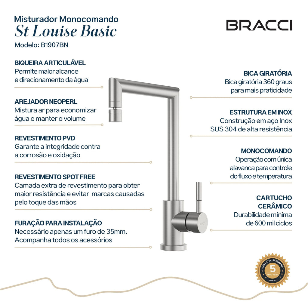 TORNEIRA MONOCOMANDO Q/F ST LOUISE BASIC AÇO ESCOVADO