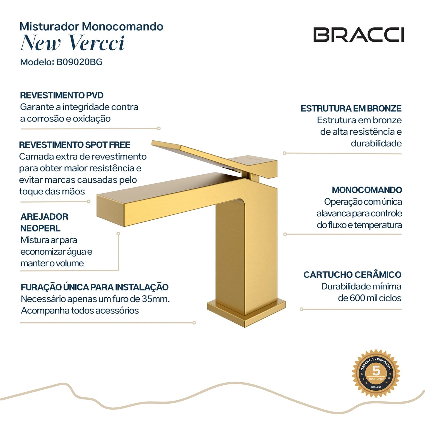TORNEIRA MONOCOMANDO Q/F NEW VERCCI DOURADO ESCOVADO