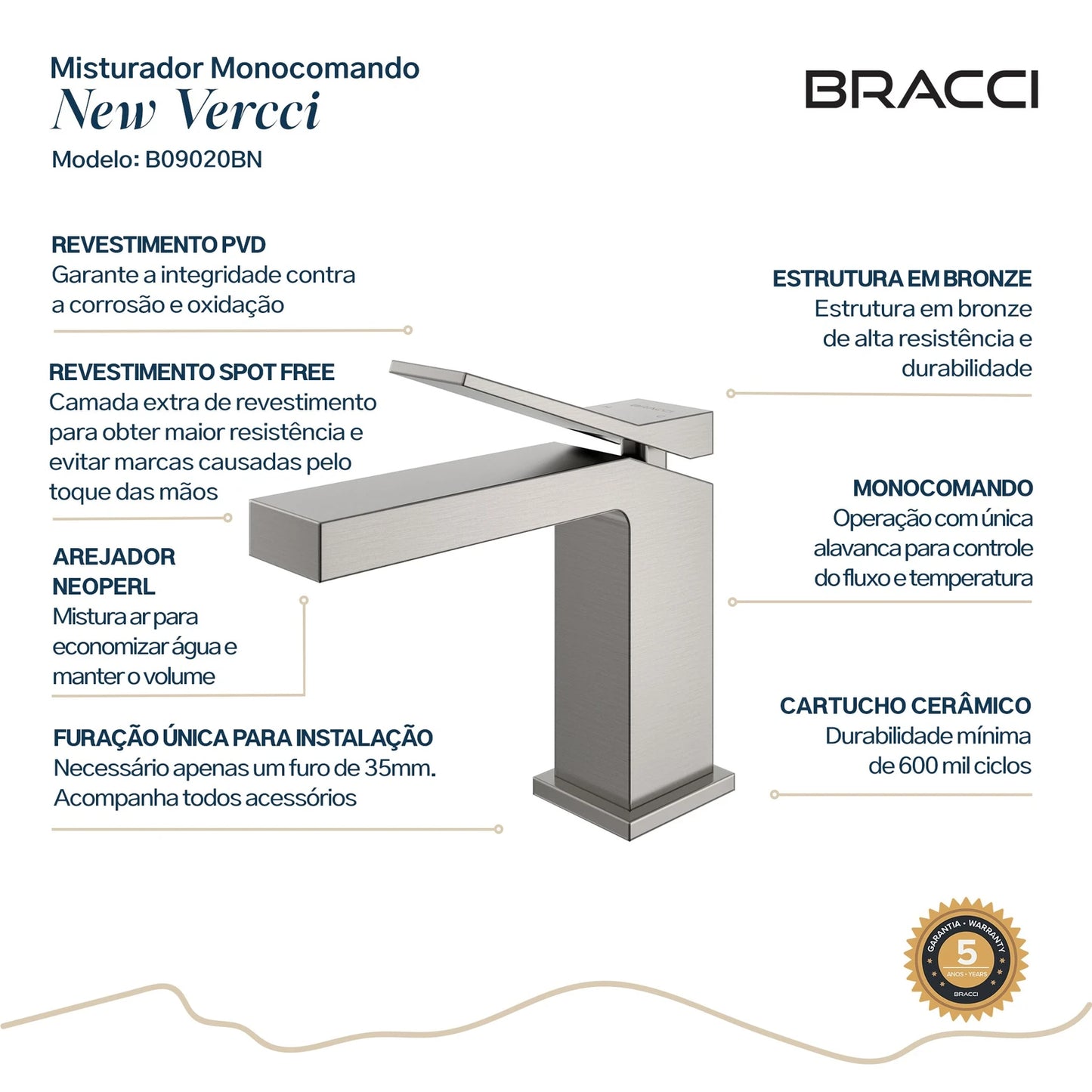 TORNEIRA MONOCOMANDO Q/F NEW VERCCI AÇO ESCOVADO