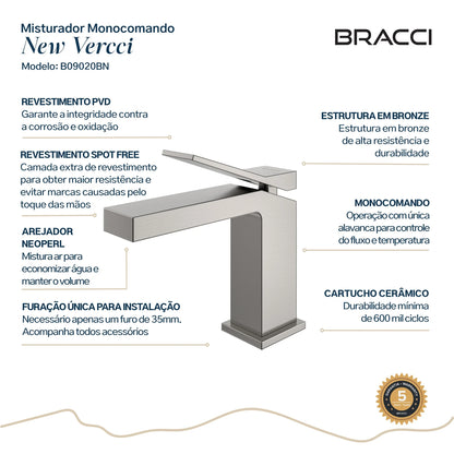 TORNEIRA MONOCOMANDO Q/F NEW VERCCI AÇO ESCOVADO