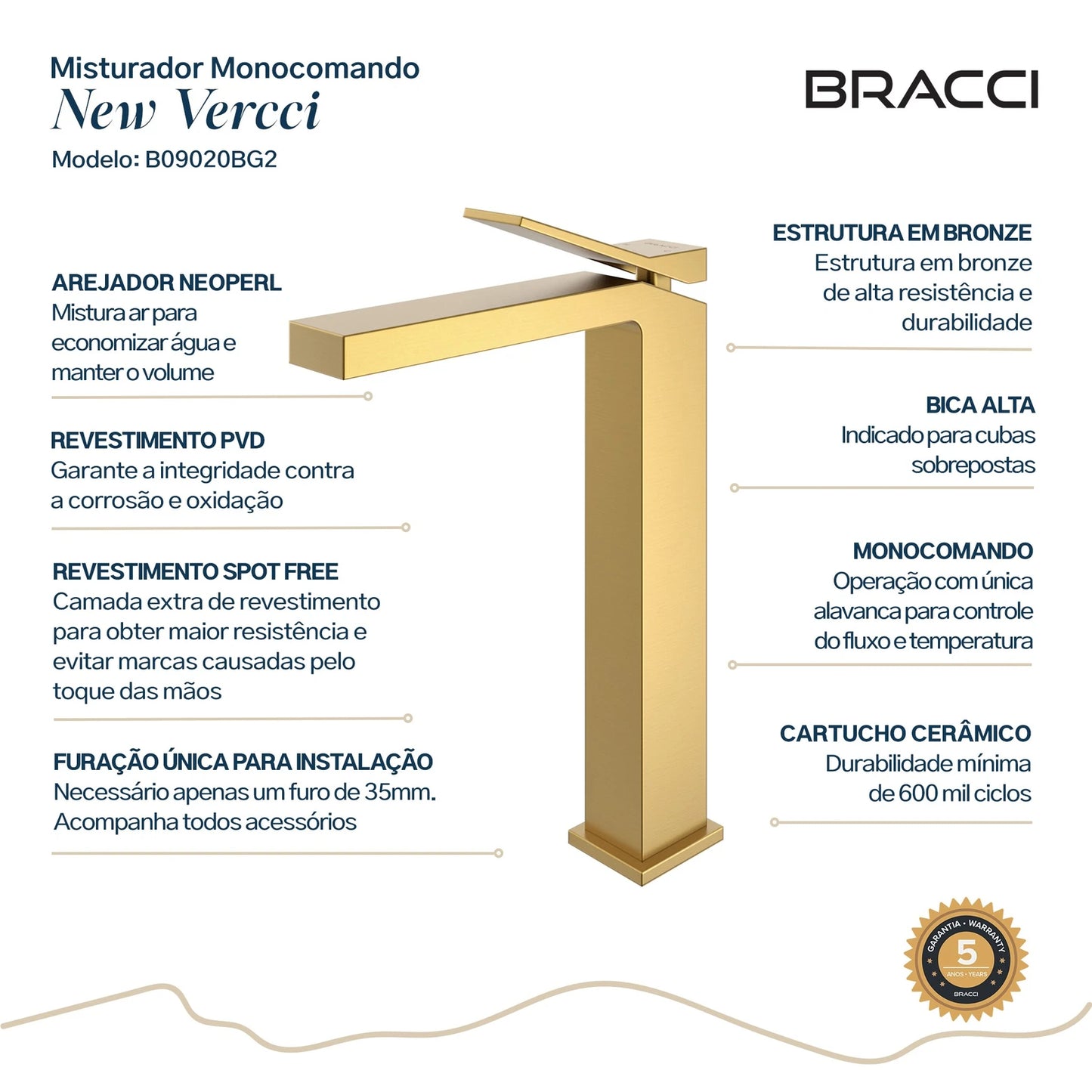 TORNEIRA MONOCOMANDO Q/F NEW VERCCI DOURADO ESCOVADO
