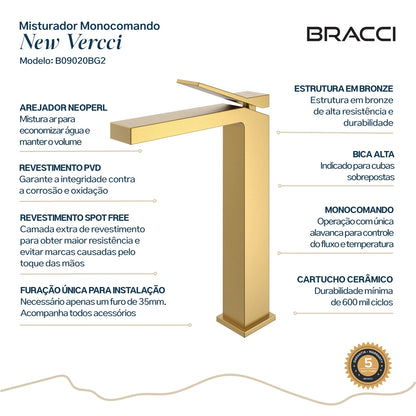 TORNEIRA MONOCOMANDO Q/F NEW VERCCI DOURADO ESCOVADO
