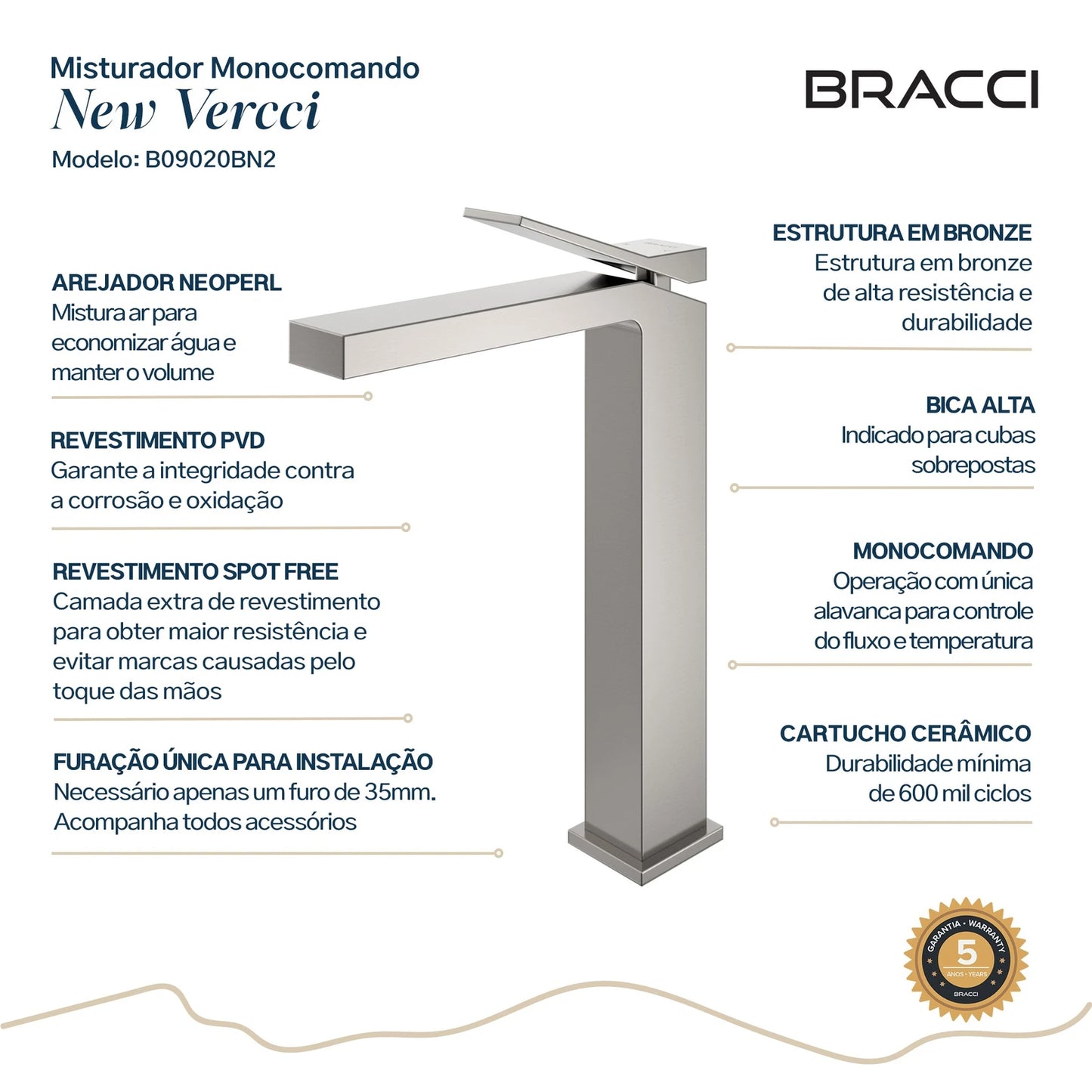 TORNEIRA MONOCOMANDO Q/F NEW VERCCI AÇO ESCOVADO