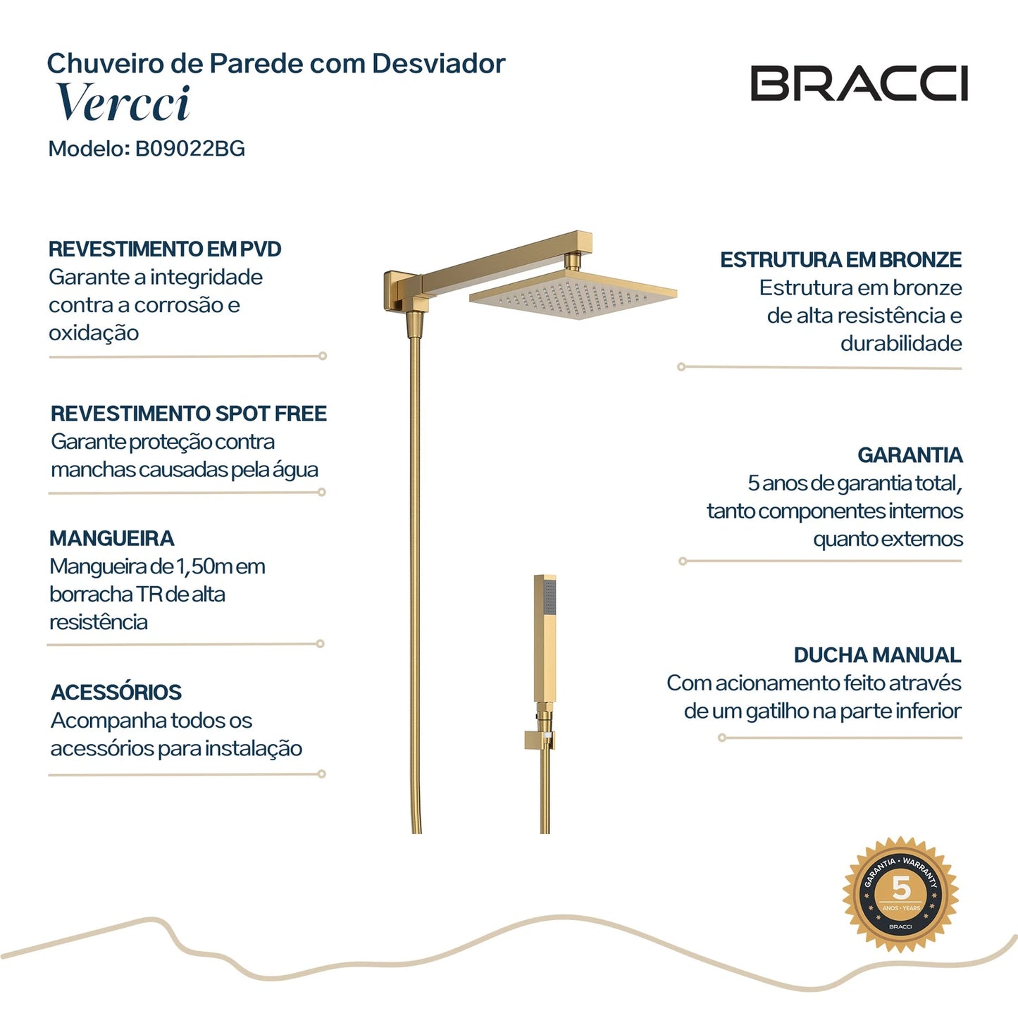 CHUVEIRO COM DESVIADOR DOURADO ESCOVADO VERCCI