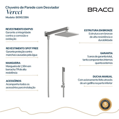 CHUVEIRO COM DESVIADOR AÇO ESCOVADO VERCCI