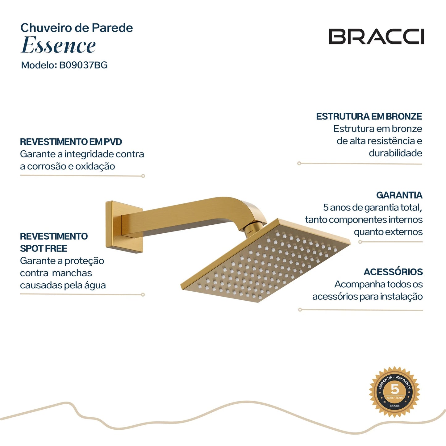 CHUVEIRO QUADRADO 15X15 DOURADO ESCOVADO